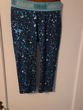 Under Armour Navy Leggings with Teal Splatter and Branded Waistband